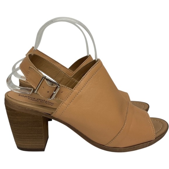 Sophia Milano Women's‎ Block Heel Sandals Peep Toe Slingback Buckle Tan Size 9.5 - Picture 1 of 12